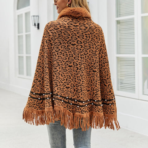 Leopard Color Faux Fur Collar Thick Winter Warm Shawl Jackets