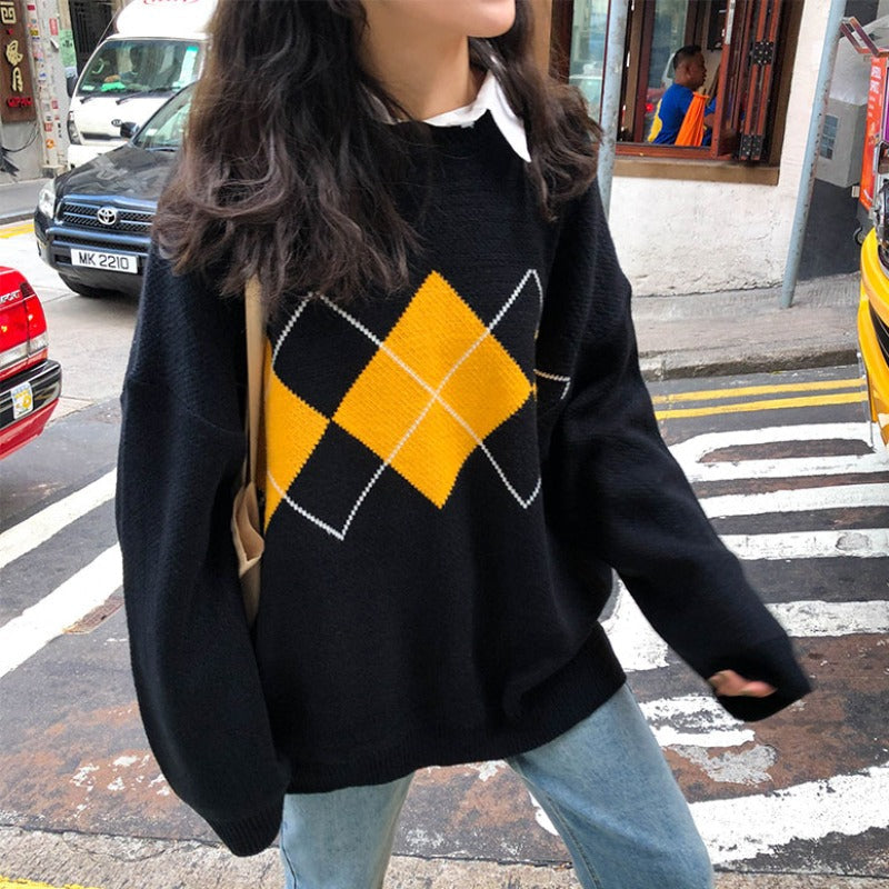 Knitted Geometric Pattern Loose Winter Sweater