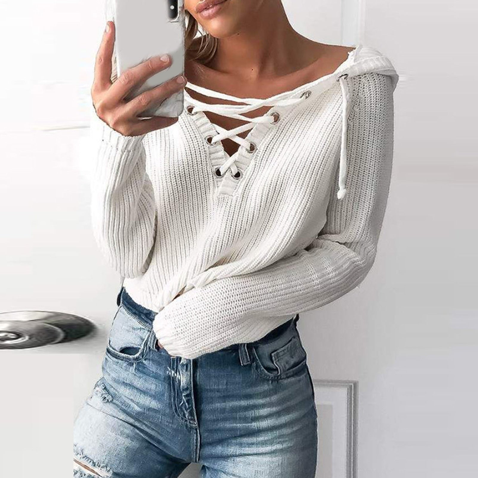 Cross Tied V-Neck Oversized Sweaters