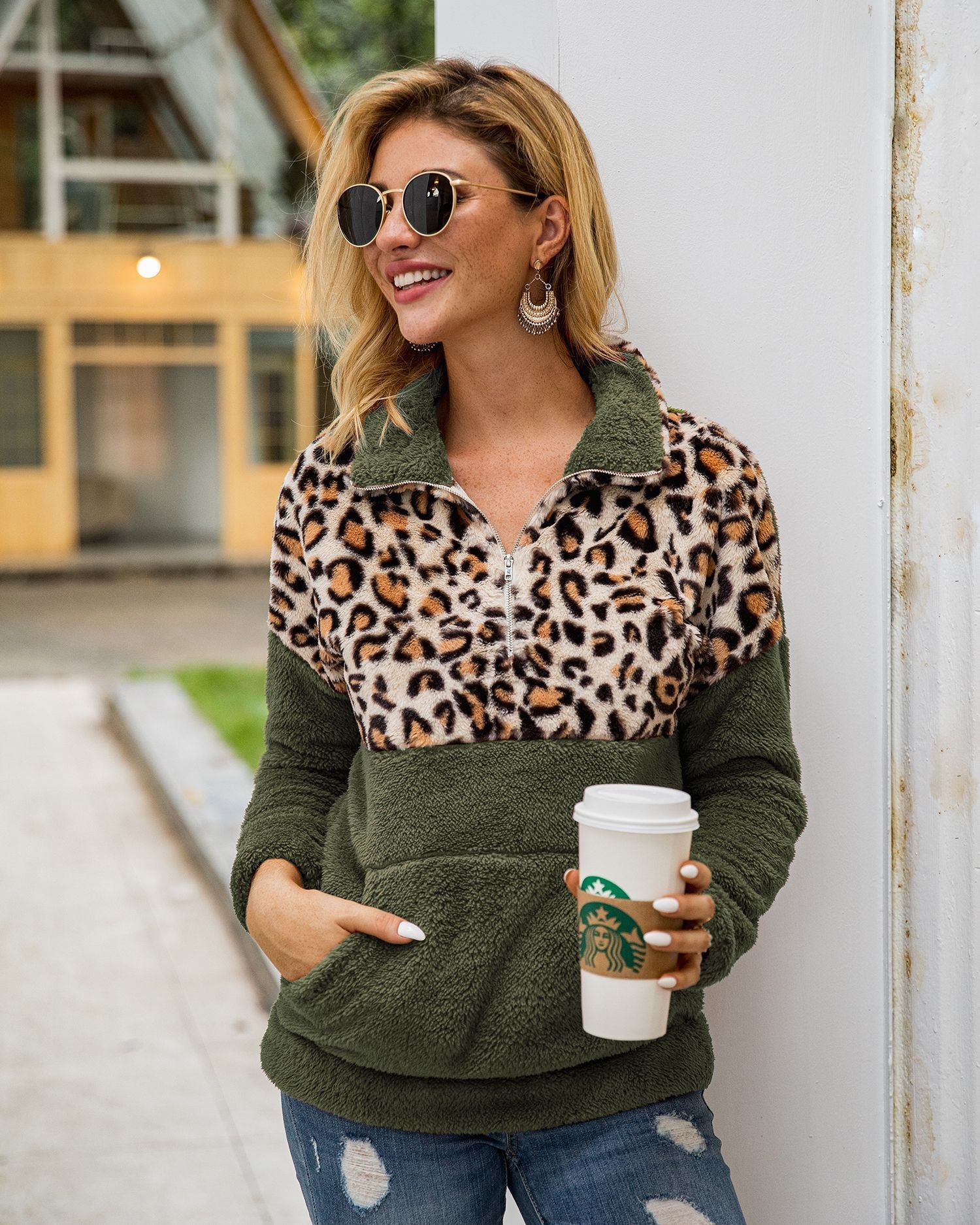 Half Leopard Zipper Sweaters