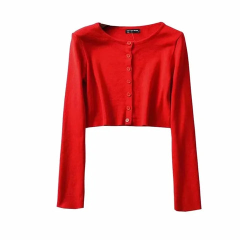 Spring O-Neck Long Sleeve Thin Cropped Sweaters