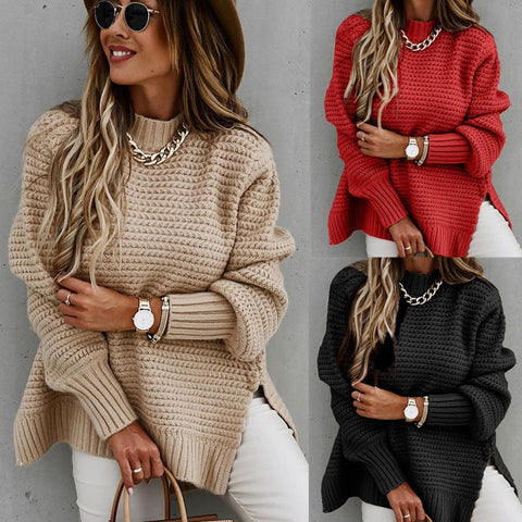 Autumn Winter Mock Neck Batwing Sleeve Knitted Sweater