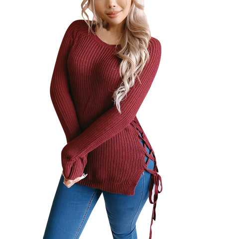 Lace Up Decoration Knitted Winter Sweater