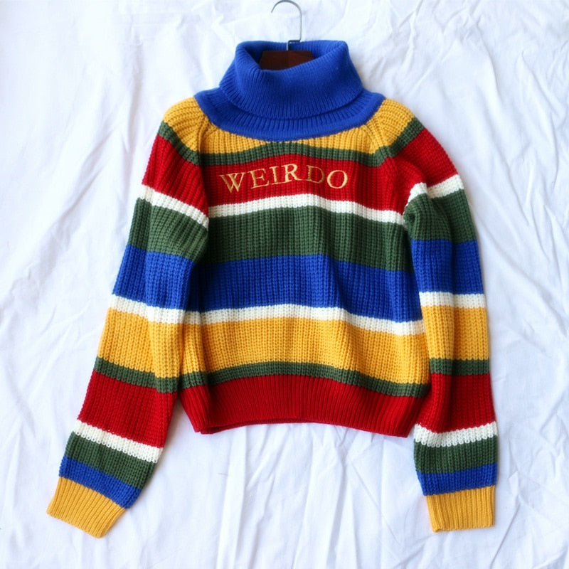 Contrast Stripes Turtleneck Sweater