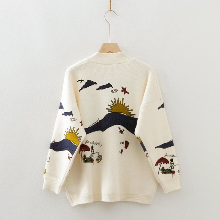 Japanese Style Nature Embroidery Cardigan Sweater