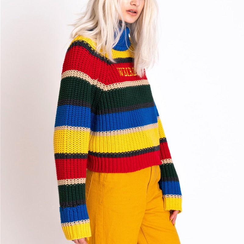 Contrast Stripes Turtleneck Sweater