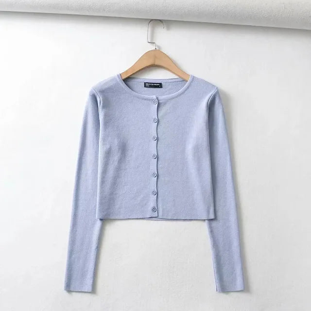 Spring O-Neck Long Sleeve Thin Cropped Sweaters