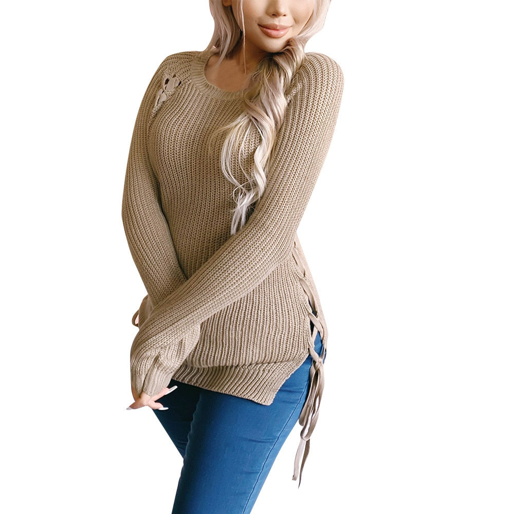 Lace Up Decoration Knitted Winter Sweater