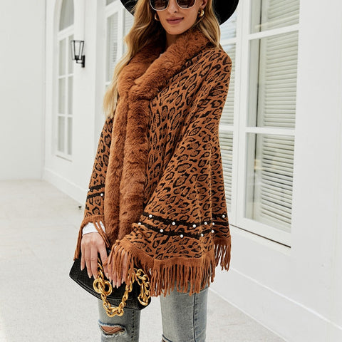 Leopard Color Faux Fur Collar Thick Winter Warm Shawl Jackets