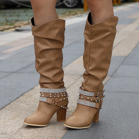 Buckle Design Square Mid Heel Knee High Boots