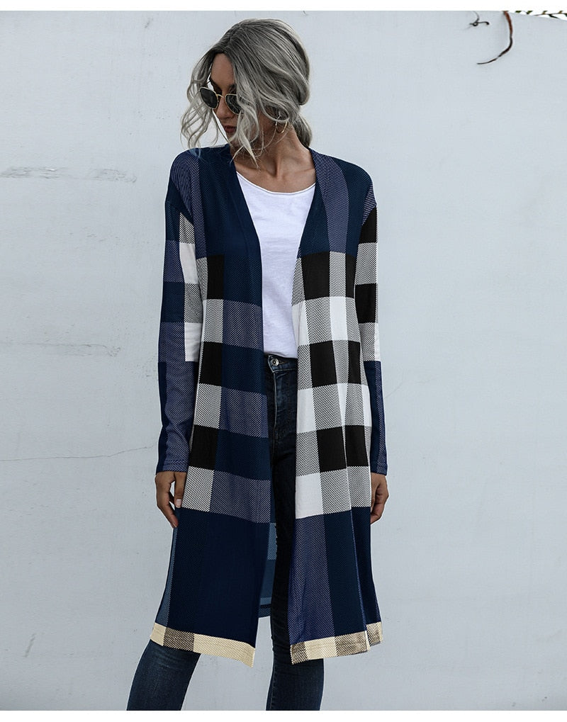 Plaid Unbuttoned Straight Long Cardigan