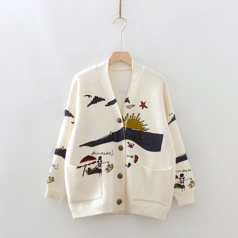 Japanese Style Nature Embroidery Cardigan Sweater