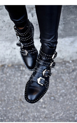 Buckle Strap Leather Thin Ankle Boots