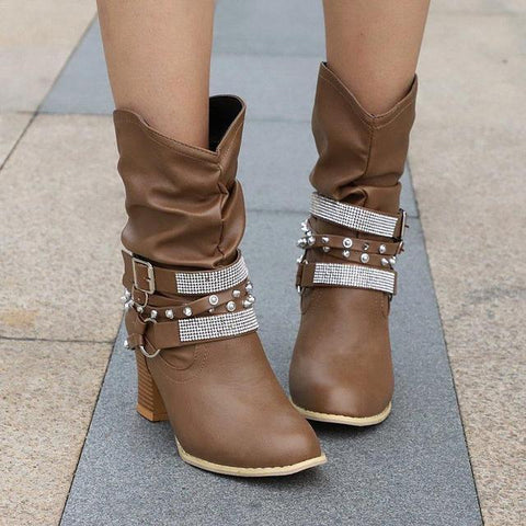 Buckle Design Square Mid Heel Knee High Boots