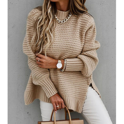 Autumn Winter Mock Neck Batwing Sleeve Knitted Sweater