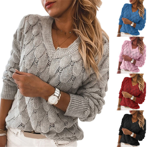 Elegant Hollow V-Neck Autumn Winter Sweater