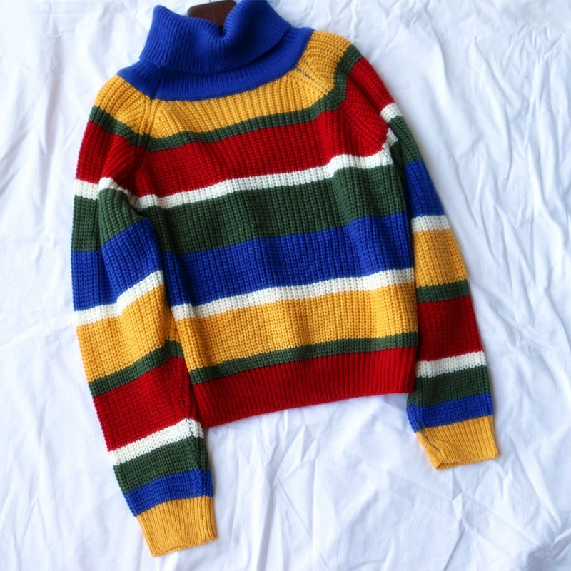 Contrast Stripes Turtleneck Sweater