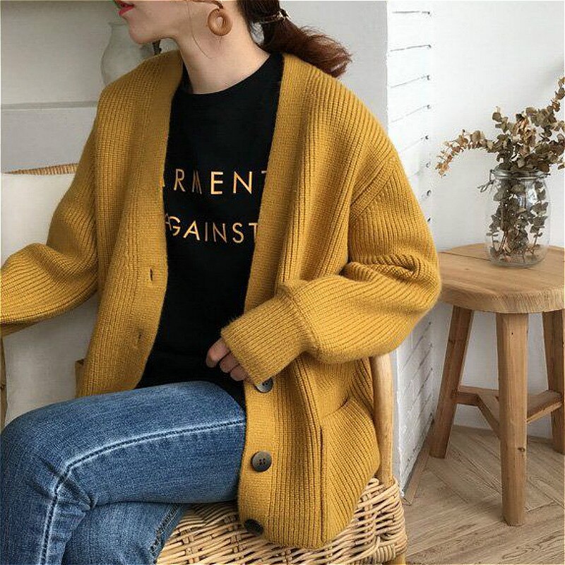 Pull cardigan jaune à simple boutonnage