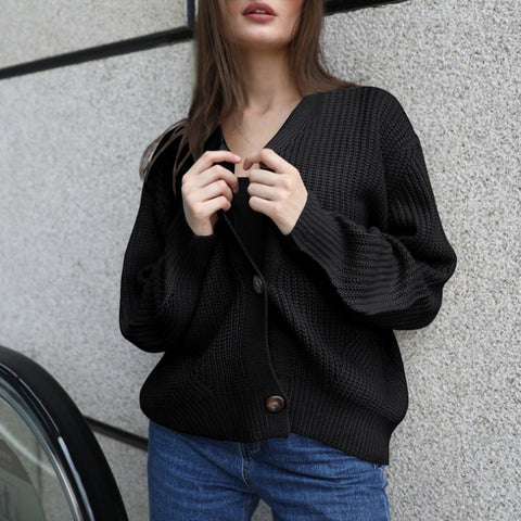 Deep V-Neck Knitted Cardigan Sweater