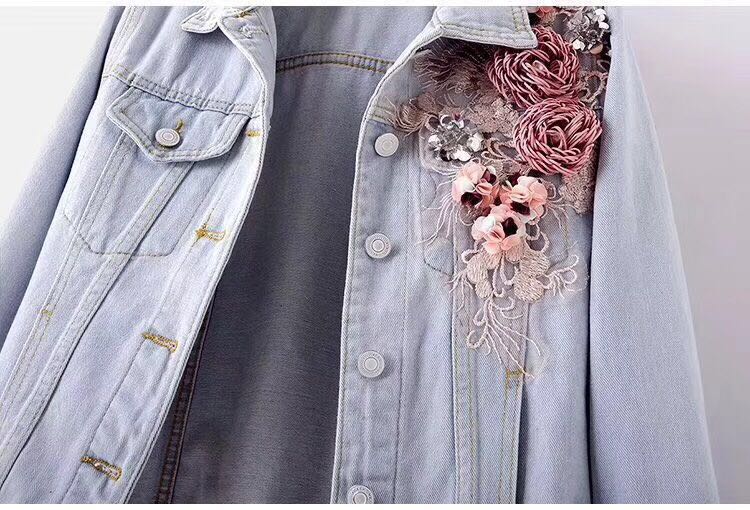 Autumn Floral Emroidery Long Sleeve Jean Denim Coats