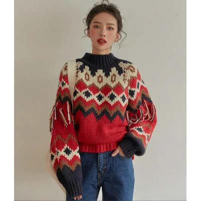 Vintage Red Jacquard Knit Sweater: Long Sleeve, Warm for Autumn/Winter