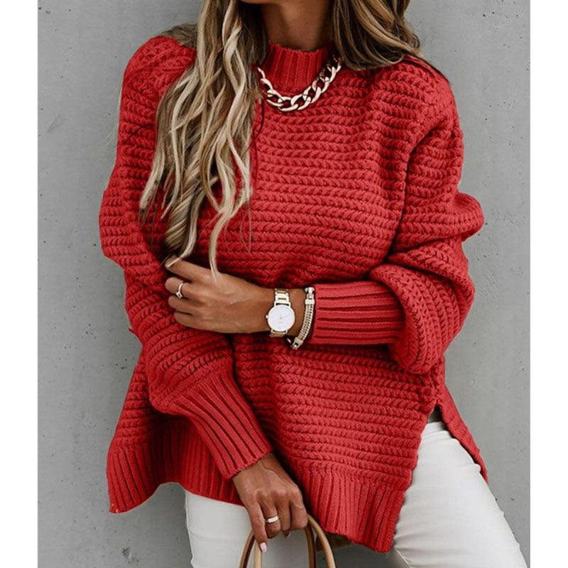 Autumn Winter Mock Neck Batwing Sleeve Knitted Sweater