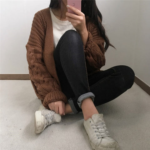 One Size Brown Knit Cardigan Sweater