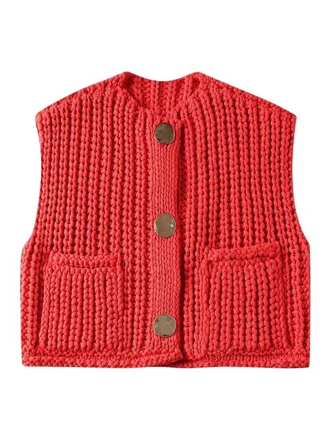 Big Buttoned Red Sleeveless Cropped Sweater