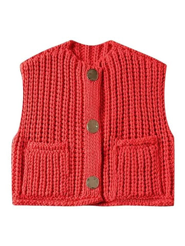 Big Buttoned Red Sleeveless Cropped Sweater