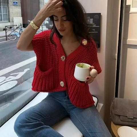 Big Buttoned Red Sleeveless Cropped Sweater