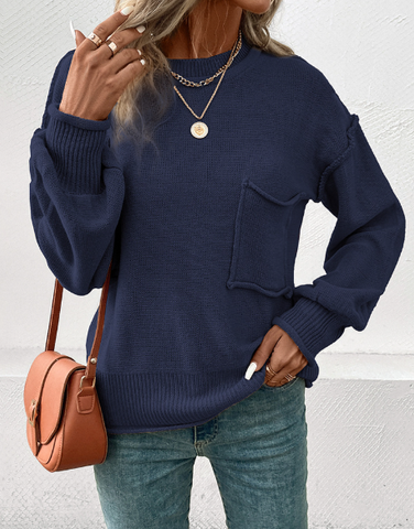 Solide Oberteile mit geteilter Naht und Tasche und Rundhalsausschnitt