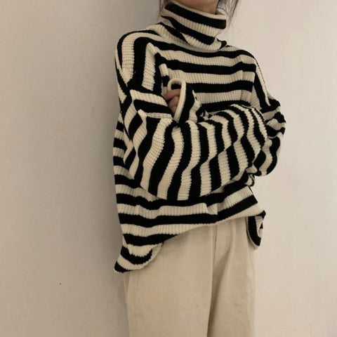 Loose Fit Striped Turtleneck Winter Sweater