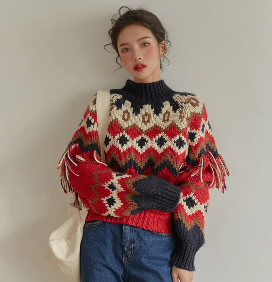 Pull en maille jacquard rouge vintage : manches longues, chaud pour l'automne/hiver