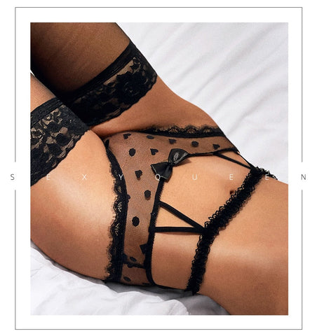 Hohe Taille Mesh Höschen Spitze Unterwäsche Transparent Aushöhlen Dessous Schleife G Strings Intimates