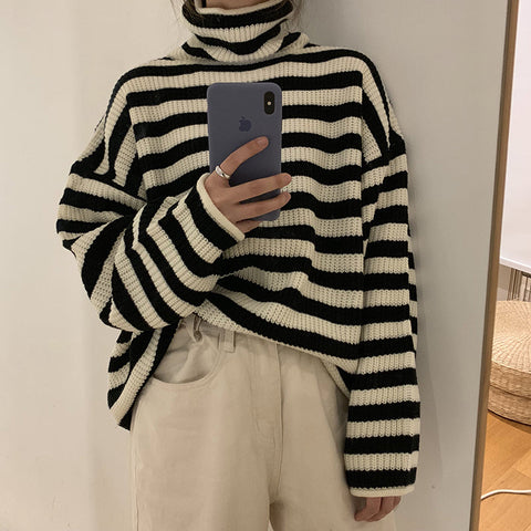 Loose Fit Striped Turtleneck Winter Sweater