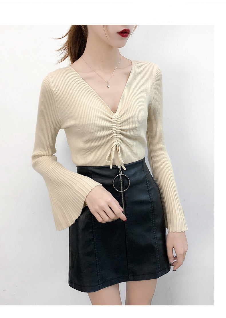 Drawstring V-Neck Thin Sweaters