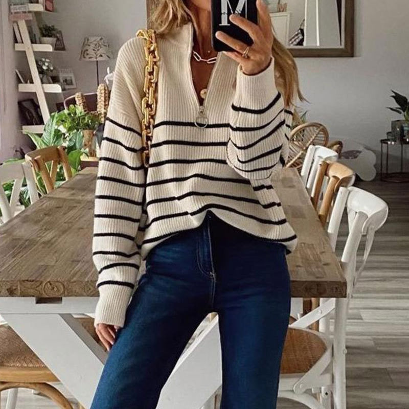 Zipper V-Neck Striped Pattern Autumn Winter Sweater