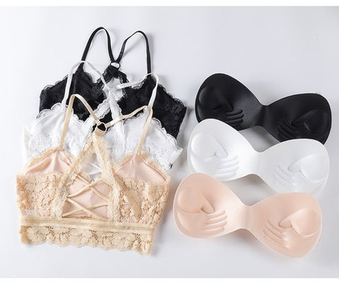 Aushöhlen Bralette Volltonfarbe Schönheit Zurück Spitze Unterwäsche Weibliche Hinzufügen pad Drahtlose Bh Nahtlose Dessous