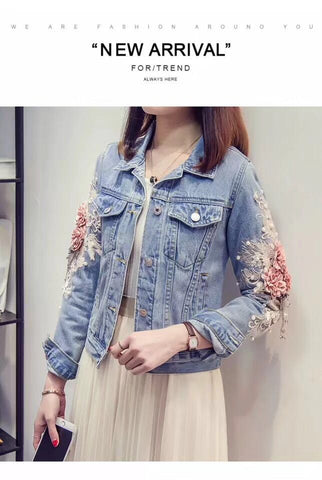 Autumn Floral Emroidery Long Sleeve Jean Denim Coats