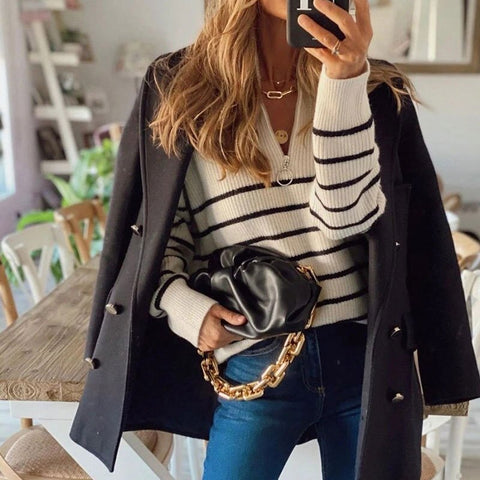 Zipper V-Neck Striped Pattern Autumn Winter Sweater