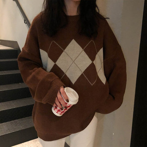 Knitted Geometric Pattern Loose Winter Sweater