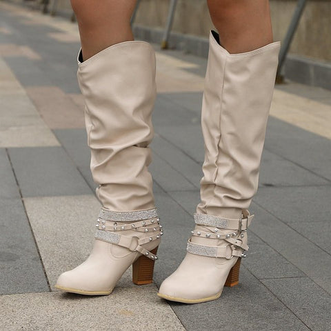 Buckle Design Square Mid Heel Knee High Boots