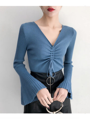 Drawstring V-Neck Thin Sweaters