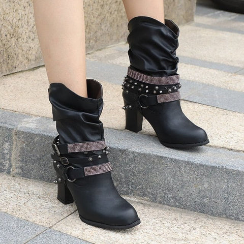 Buckle Design Square Mid Heel Knee High Boots