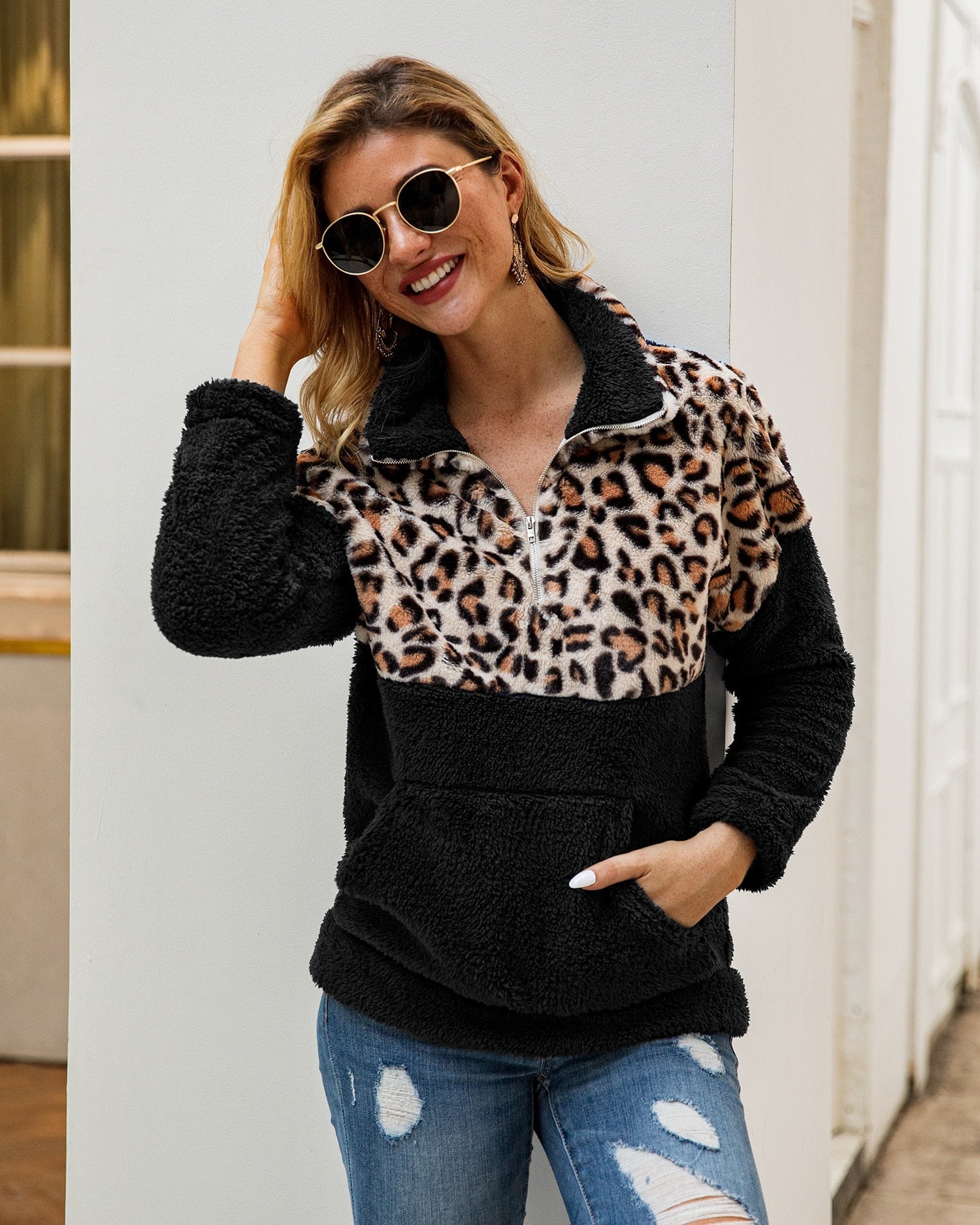 Half Leopard Zipper Sweaters