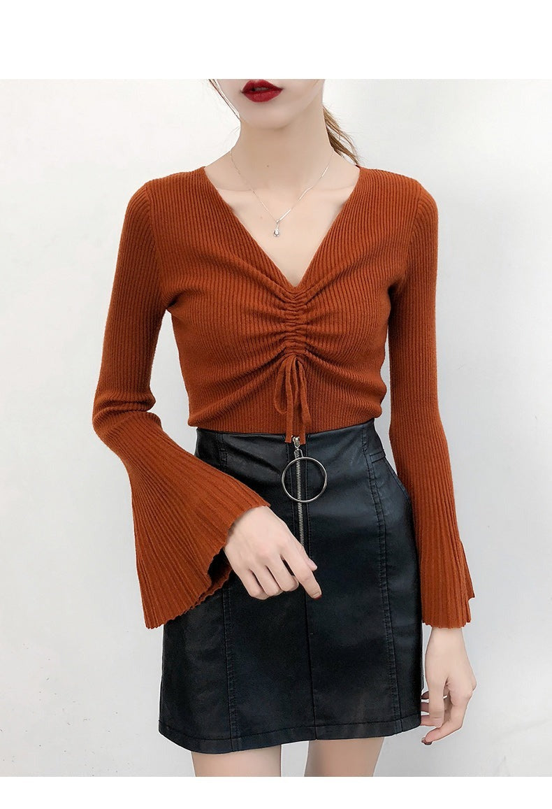 Drawstring V-Neck Thin Sweaters