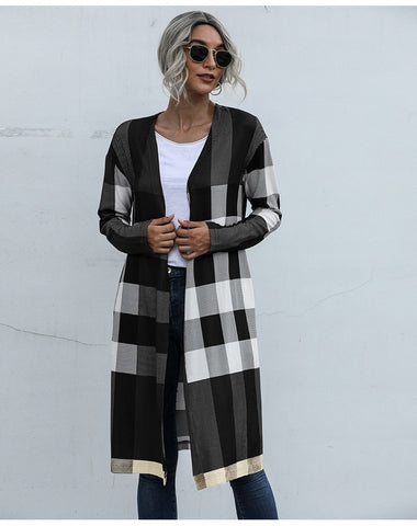 Plaid Unbuttoned Straight Long Cardigan