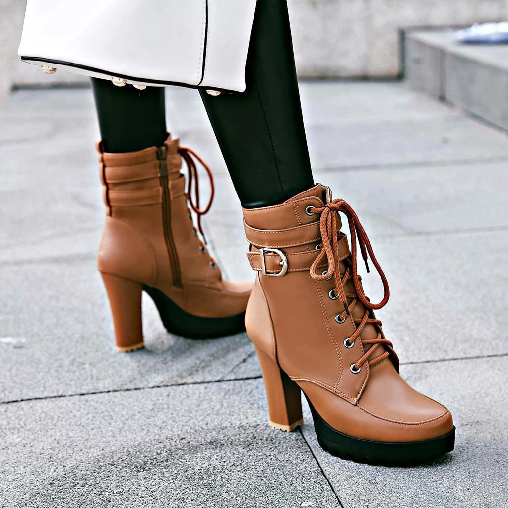 Trendy High Heel Cross Laced Up Mid Calf Boots