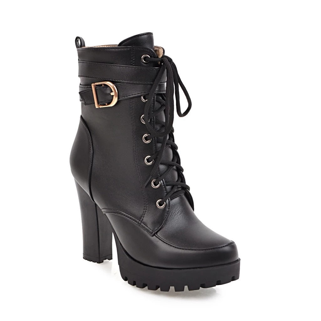 Trendy High Heel Cross Laced Up Mid Calf Boots