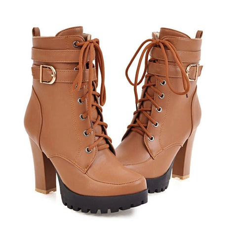 Trendy High Heel Cross Laced Up Mid Calf Boots